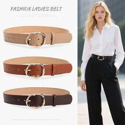Women's Black PU Belt with Gold Oval Buckle