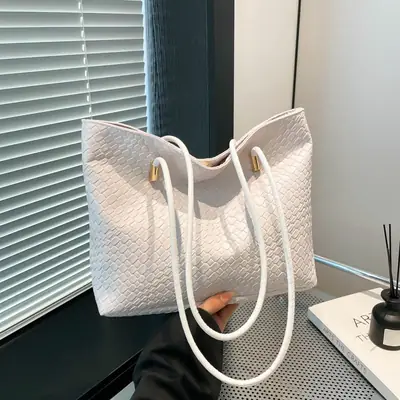 2025 Women's White Textured Shoulder Bag with White Handles