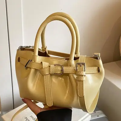 Women Pleated Handbag Gold One Shoulder Bucket Bag