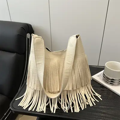 Women's 2025 Tasselled Shoulder Bag Large Capacity Beige