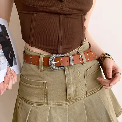 Women's Brown Suede Belt with Retro Silver Buckle
