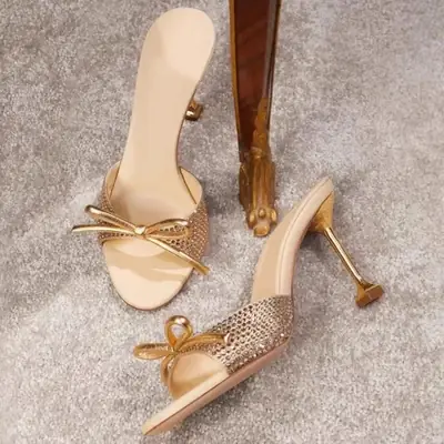 Champagne Crystal Bow Rhinestone High Heels Women Summer 2025