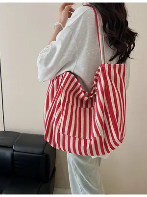 Red Striped Canvas Shoulder Bag for Women 2026