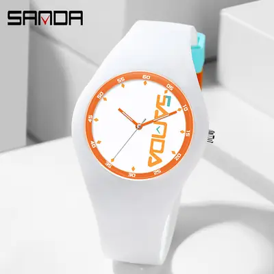 SANDA Black Silicone Sports Watch with Red Dial