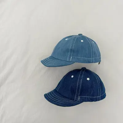 Blue Denim Drawstring Cap for Kids with Pearl Accents