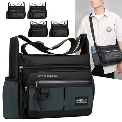 Men's Multi-Layer Oxford Shoulder Bag with Water Cup Storage
