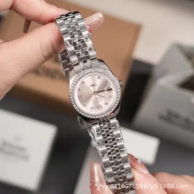 Women's Diamond Encrusted Steel Watch with Cherry Blossom Pink Dial