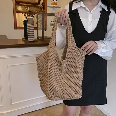 Women's Beige Knitted Large Shoulder Bag