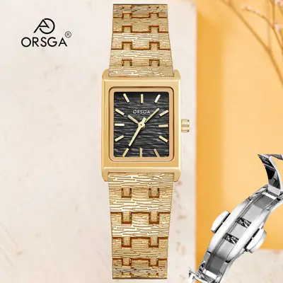 Women's Gold Green Dial Square Watch with Chain Strap