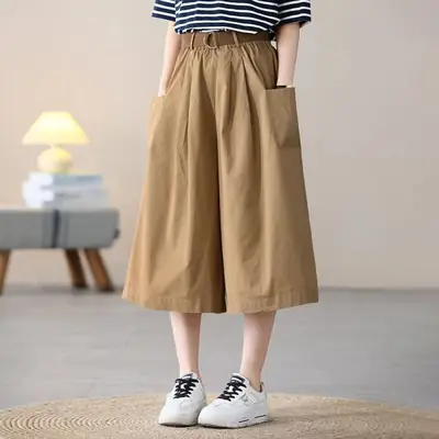 Women Loose Fit Cotton Capri Skirt Pants Tan
