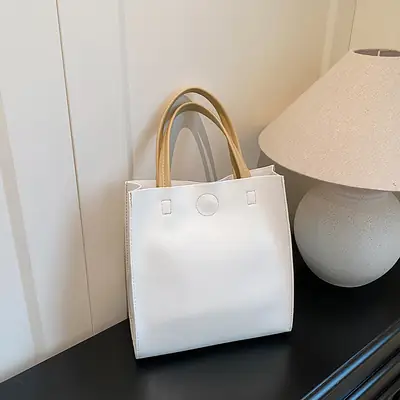 White Satchel Tote Bag with Magnetic Buckle for Women