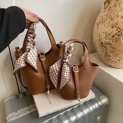 Korean Style Brown Leather Bucket Bag 2025 New