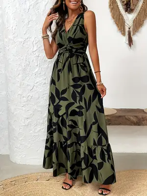 Europe and the United States new Amazon cross-border women's V-neck sleeveless flower printing lotus leaf hem dress...