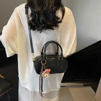 2025 Women's Black Textured Shoulder Bag with Flower Tassel