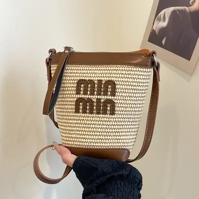 Women's Straw Mobile Phone Bag with Monogram Print