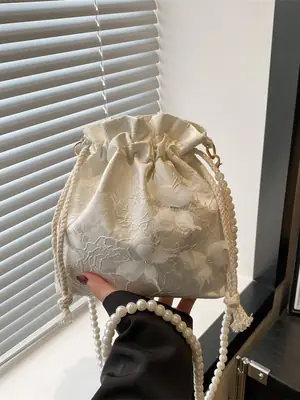 Gold Embroidered Pearl Bucket Bag for Women