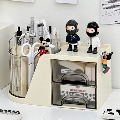 Rotating Cosmetic Brush Storage Cylinder for Desk