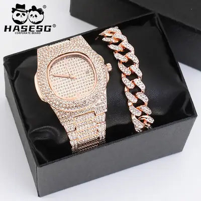 Diamond Wristwatch Set for Women Rose Gold Bracelet