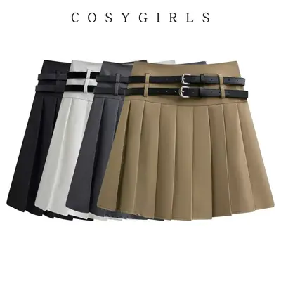 Women Pleated Skirt High Waist Belted Tan