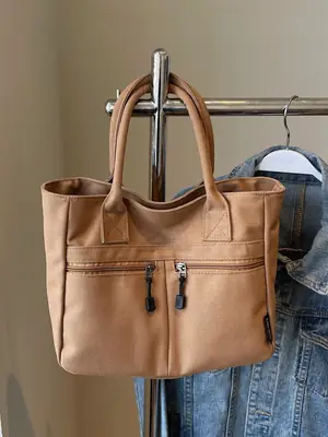 2025 Spring Canvas Zipper Shoulder Tote Bag Tan