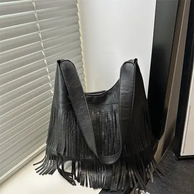 Black Tassel Shoulder Bag for Women Large Capacity