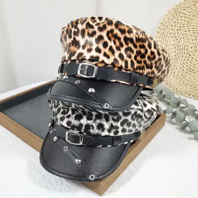 Navy Leather Rivet Flat Cap Belt Buckle Retro Peaked Cap