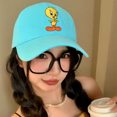 Women Blue Embroidered Baseball Cap with Tom Cat Design