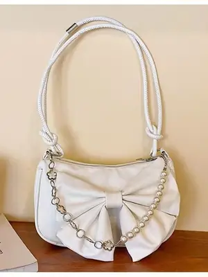 Women's White Pearl Chain Bow Crossbody Bag