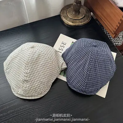 Japanese Plaid Letter Forward Cap Women Spring Summer Artistic Duckbill Cap