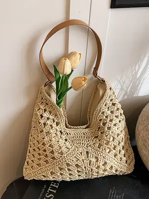 Hollow Straw Artistic Tote Bag for Women