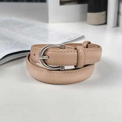 Women's Beige Leather Belt with Metal Buckle