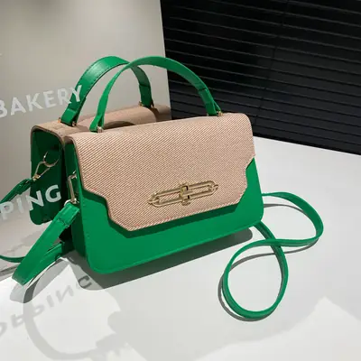 Green Beige Patchwork Shoulder Bag for Women 2025