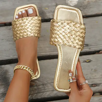 Women Braided Silver Flat Sandals 2025 Summer