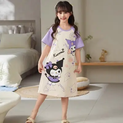 100% Pure Cotton Girls Pajamas Nightgown Short Sleeve Thin Mid-Big Kids Summer Girls Princess Cute Round Neck Nightgown