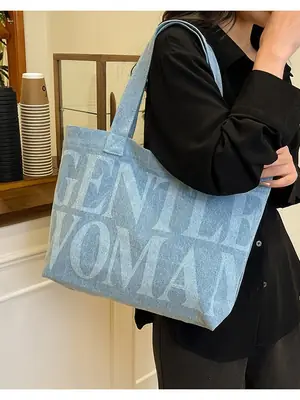 Women's Blue Printed Shoulder Tote Bag Spring Summer