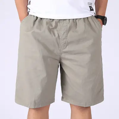 Men 100% Cotton Summer Elastic Waist Shorts Solid Color