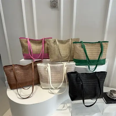 Women Straw Hand Tote Bag Black Large Capacity 2025