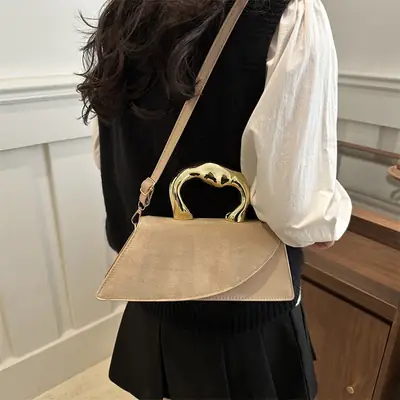 Women's Crossbody Bag Heart Design Beige Leather