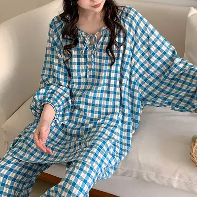 Summer New Long Sleeve Cotton Silk Pajamas Women's Spring and Autumn Loose plus size Cotton Silk Home Clothes suit Chinese Style Thin Style