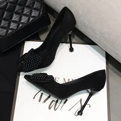 2026 Spring Pointed Toe Pearl Bow Black Stiletto Heels