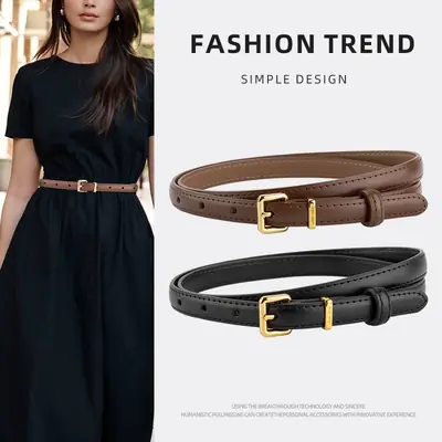 Black Genuine Leather Fashion Thin Belt for Women