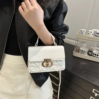 Women's White Square Leather Shoulder Bag with Gold Lock