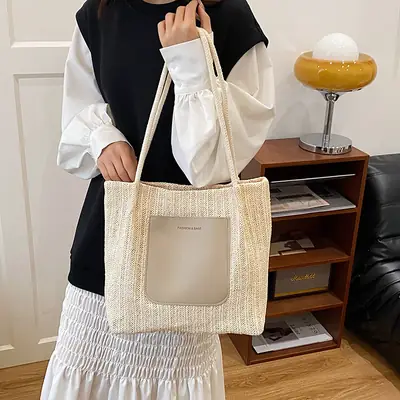 Women Woven Shoulder Bag 2025 Large Capacity Spliced Texture