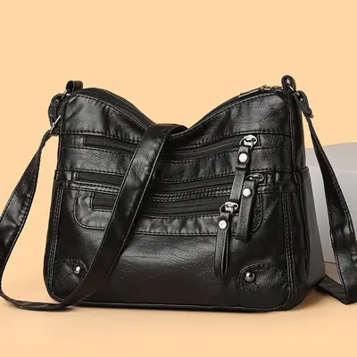 Black Leather Shoulder Crossbody Bag for Women