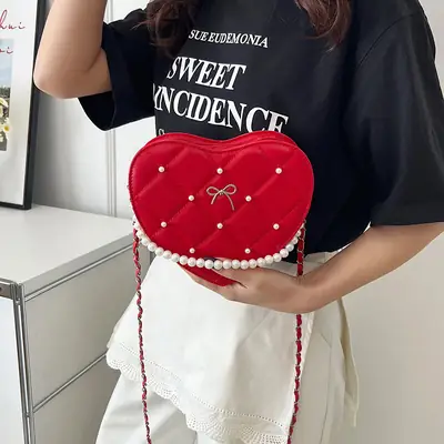 Red Heart Bow Pearl Chain Mini Shoulder Bag