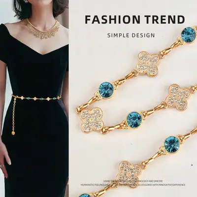 European & American Retro Rhinestone Four-leaf Clover Waist Chain