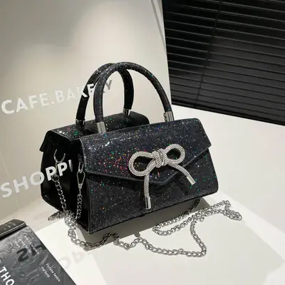 Small Square Bowknot Sparkly Chain Bag for Women