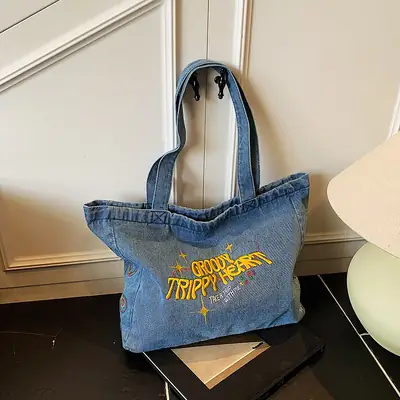 Denim Shoulder Bag College Style Large Capacity Women's Tote