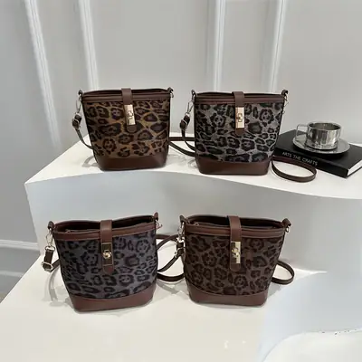 Retro Leopard Print Shoulder Bag 205 Spring Summer New Trendy Casual Splicing Crossbody Bag Foreign Style Hand Bucket Bag