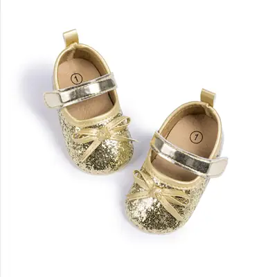 Gold Sequin Bow Baby Shoes for Girls